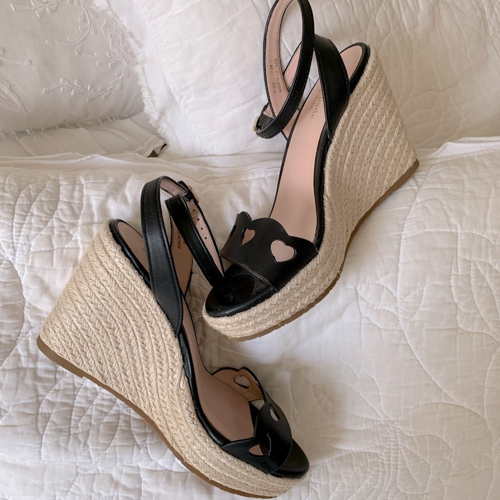 KATE SPADE - Black Leather Heart Cutout and Cream Espadrille Ankle Strap Wedges